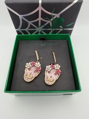 Betsey Johnson Pink Sugar Skull Earrings Rhinestone Floral Halloween